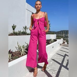 NWT Commense Revolve Jumpsuit Pink 100% Cotton Tie Knot Wide Leg- Size XS